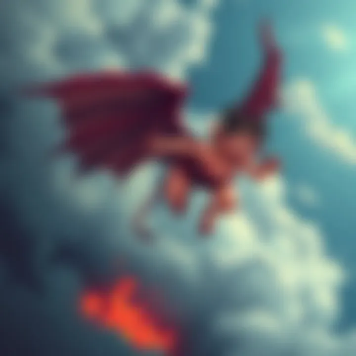 A devil with wings falling from the sky, looking surprised and disoriented, with a backdrop of clouds and a hint of flames beneath her.